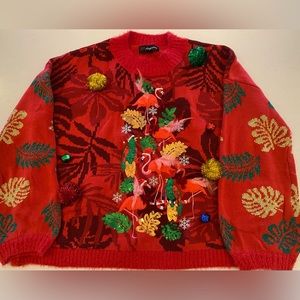 Perfect Ugly Christmas Sweater!  Sweater with Flamingos, pompoms and bells.